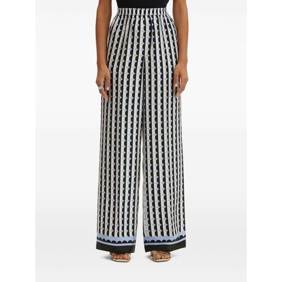 Oscar de la Renta  Wide Leg Allover Mini Geo Silk Twill Pants in Black & Blue 10 - Picture 1 of 6